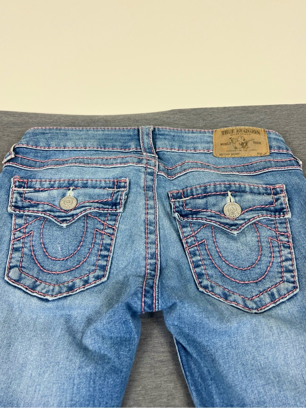 True Religion Light Blue Denim Skinny Jeans with Pink Contrast T Stitching